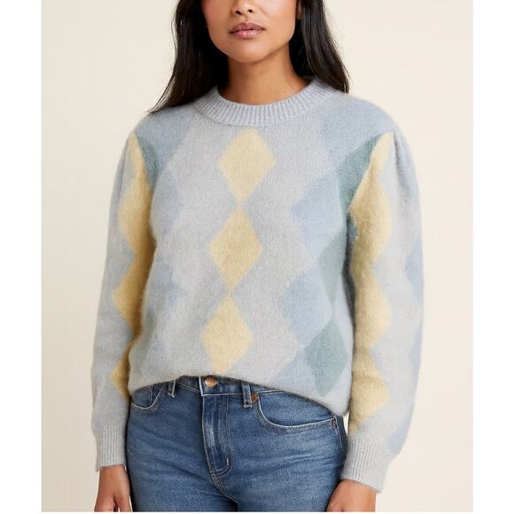 J. Crew Cozy Diamond-Checked Cropped Crew Neck Sweater Blue Plus Size 2X - Picture 4 of 8